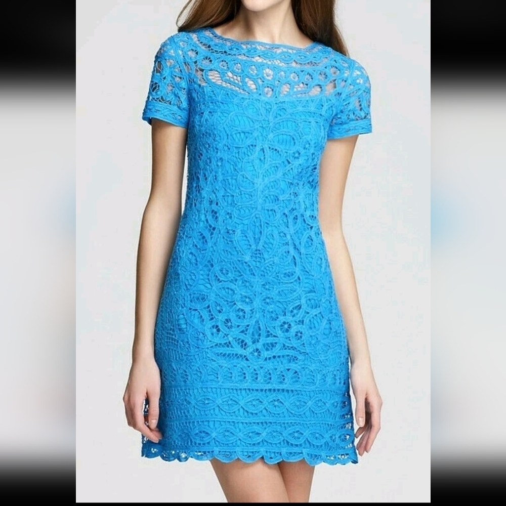Lilly Pulitzer Bright Blue Cotton Crochet Short-Sleeve Mini Dress Size M